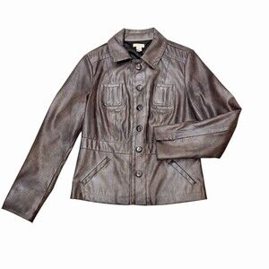 Chico’s Metallic Pewter Utility Jacket Faux Leather Look Size 0